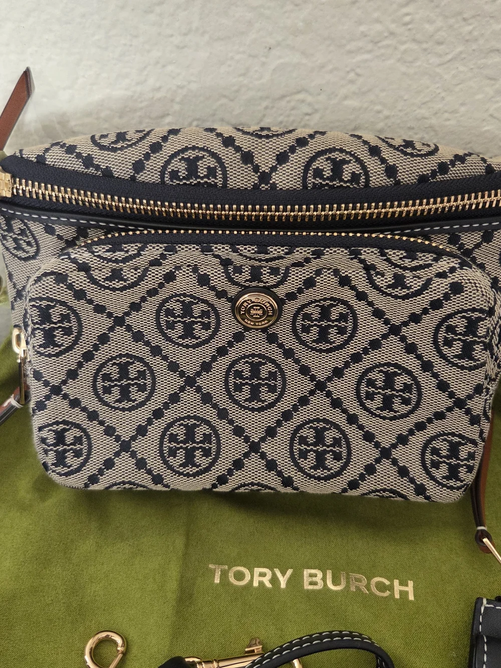 Tory Burch T Monogram Mini Belt Bag in Navy Woven Jacquard W/ Matching Wallet